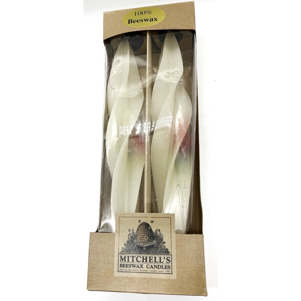 Mitchell's 100% Beeswax Candles White Spiral Taper Red Flower Holidays NEW